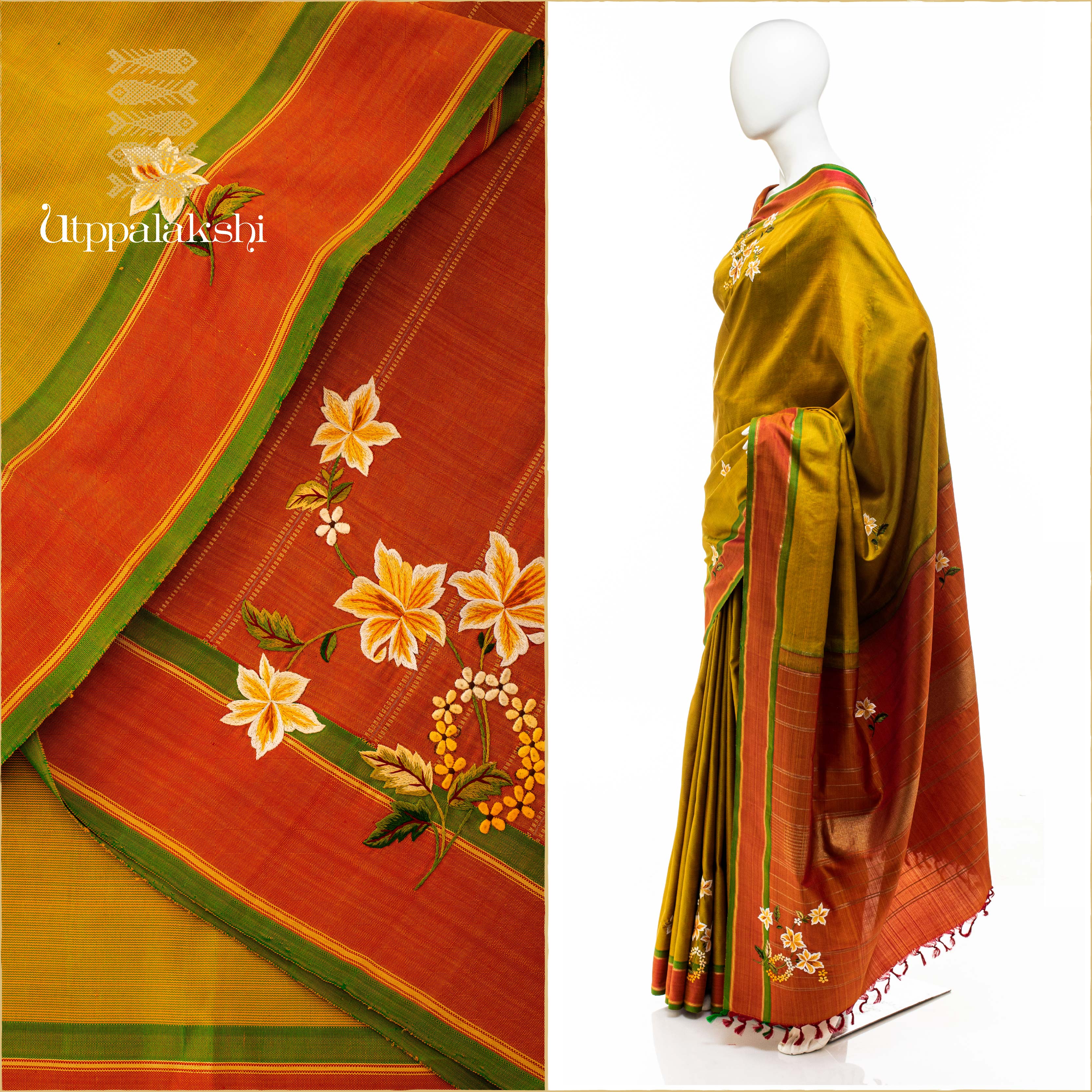 UTPPALAKSHI HANDWOVEN KANJIVARAM SILK HAND EMBROIDERED SAREE ORANGE RUST GREEN