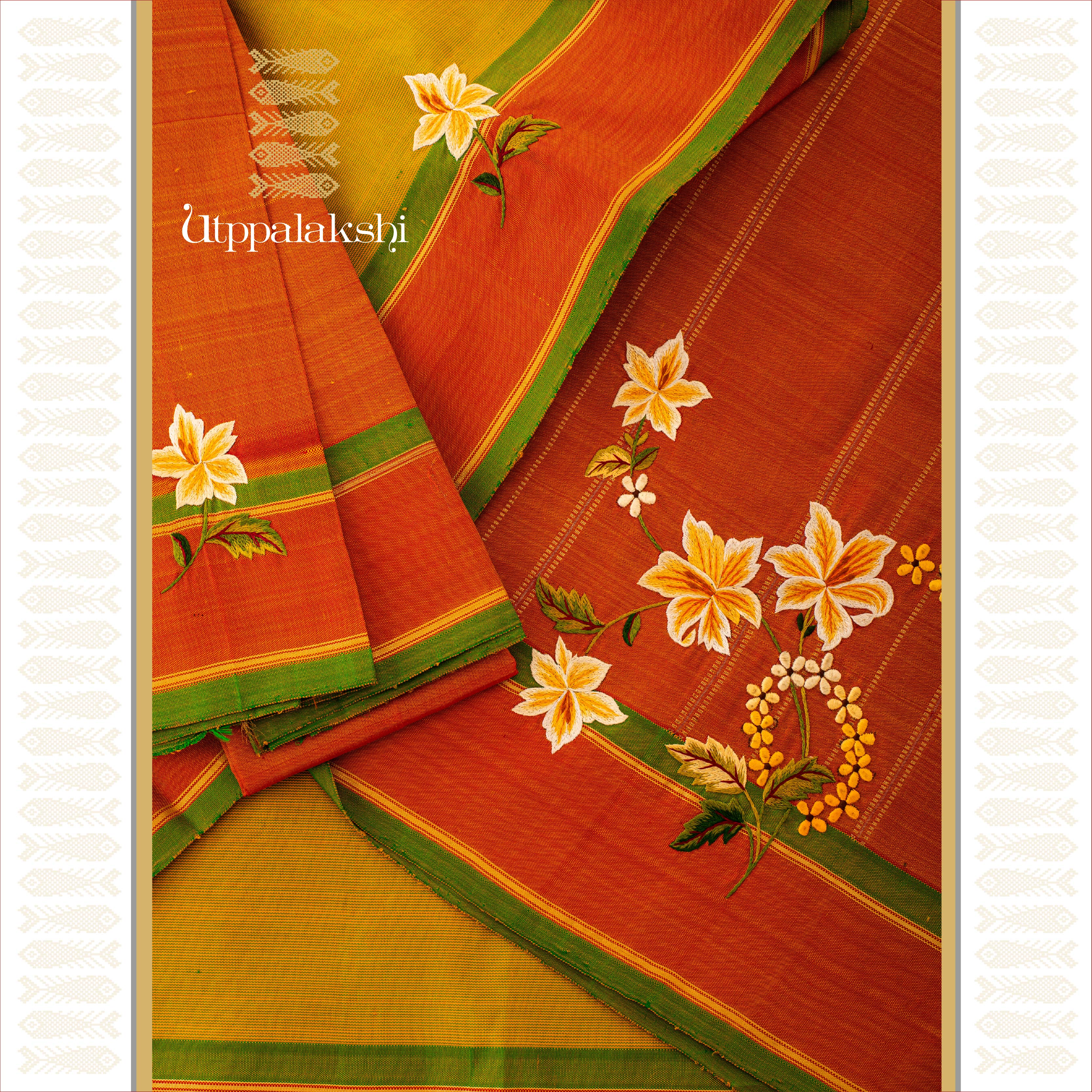 UTPPALAKSHI HANDWOVEN KANJIVARAM SILK HAND EMBROIDERED SAREE ORANGE RUST GREEN