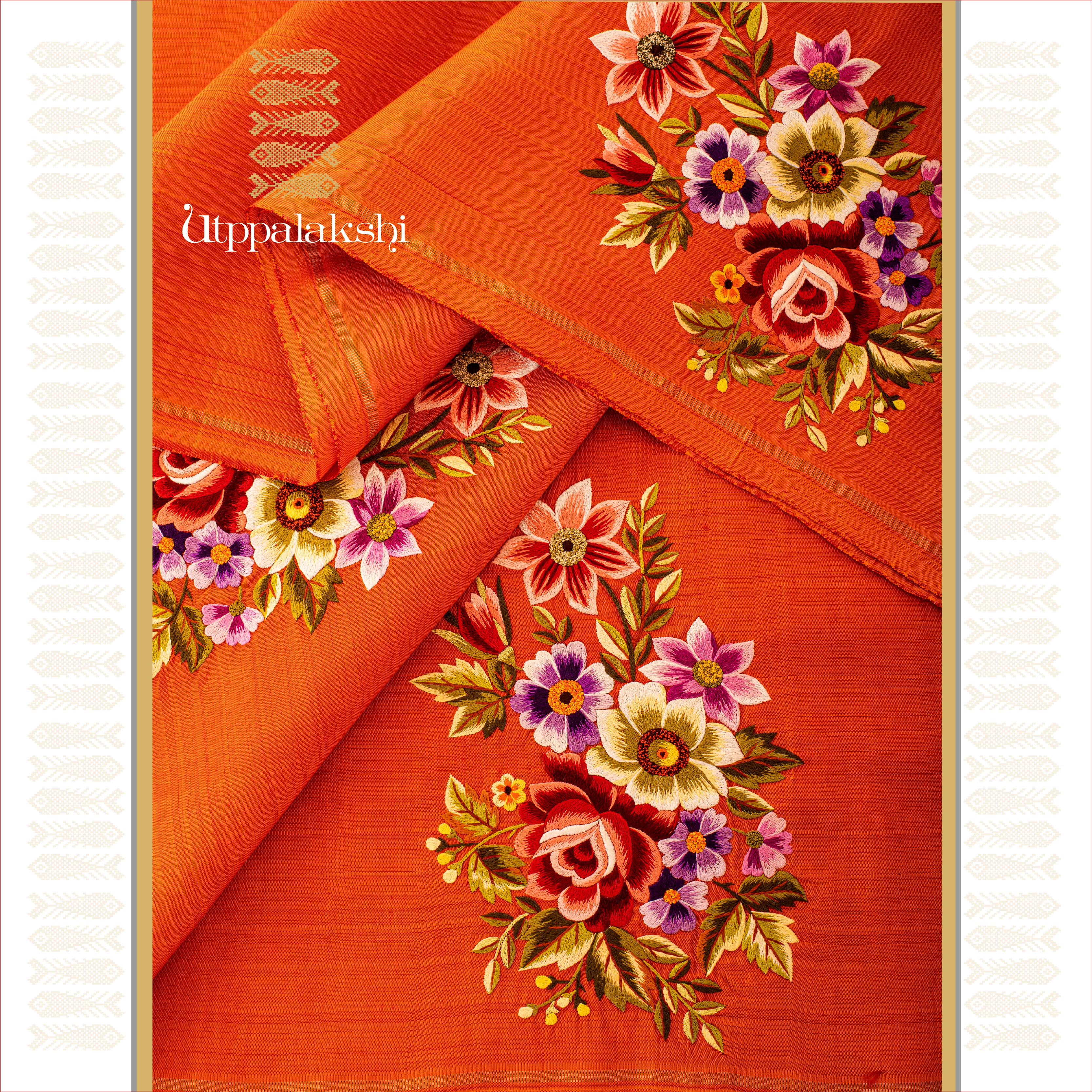 UTPPALAKSHI HANDWOVEN KANJIVARAM SILK HAND EMBROIDERED SAREE ORANGE MULTICOLOUR EMBROIDERED FLOWERS