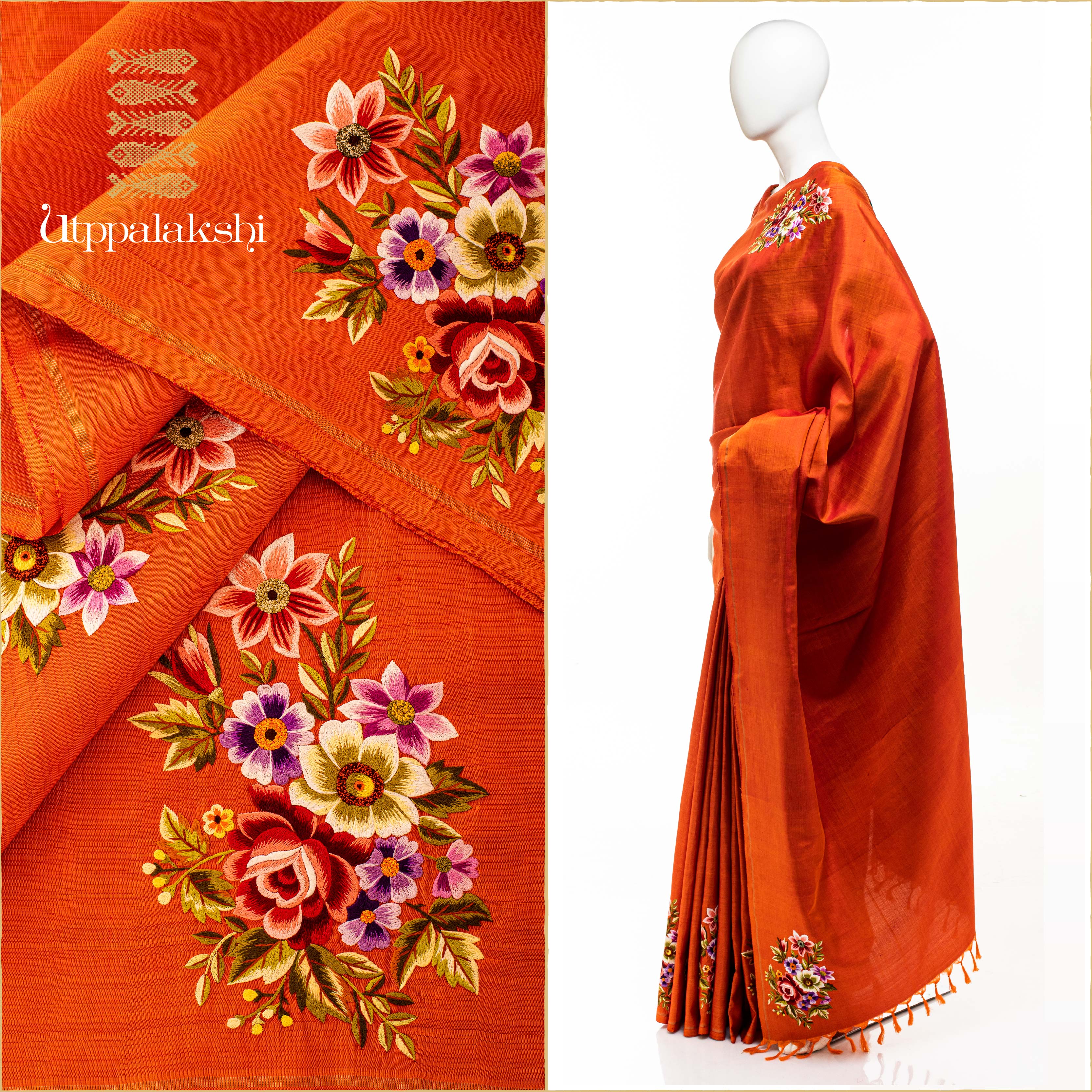 UTPPALAKSHI HANDWOVEN KANJIVARAM SILK HAND EMBROIDERED SAREE ORANGE MULTICOLOUR EMBROIDERED FLOWERS