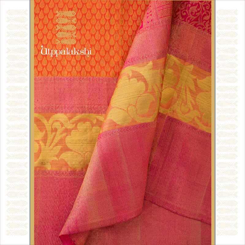 UTPPALAKSHI HANDWOVEN KANJIVARAM SILK BRIDAL SAREE ORANGE PINK TISSUE BORDER