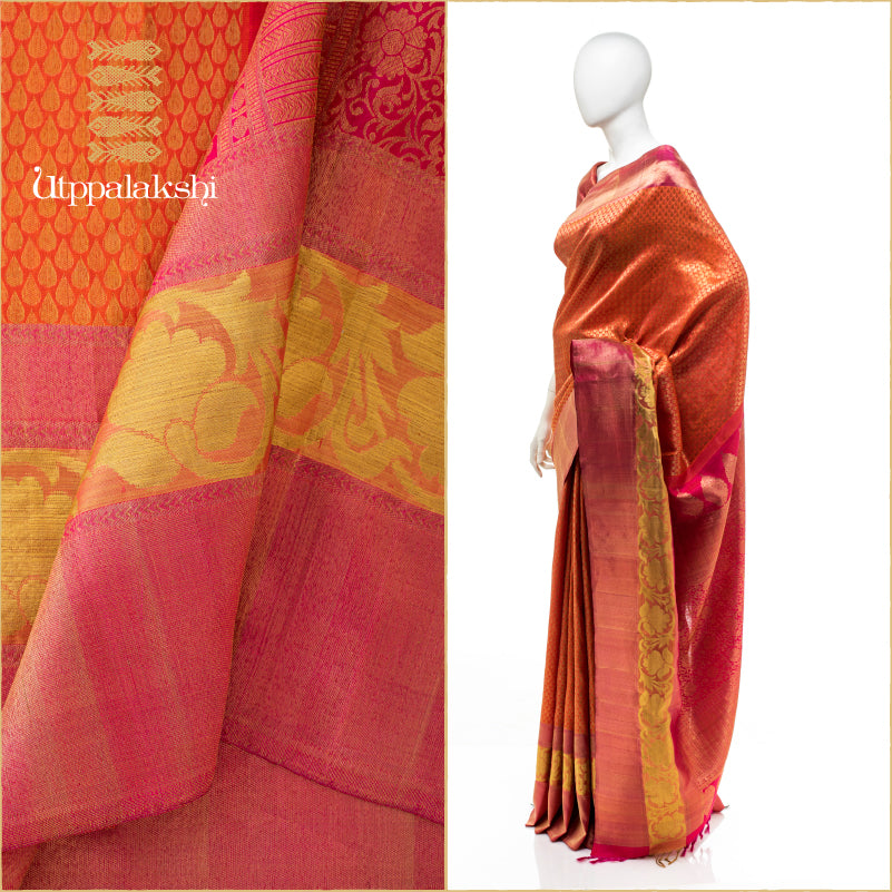 UTPPALAKSHI HANDWOVEN KANJIVARAM SILK BRIDAL SAREE ORANGE PINK TISSUE BORDER