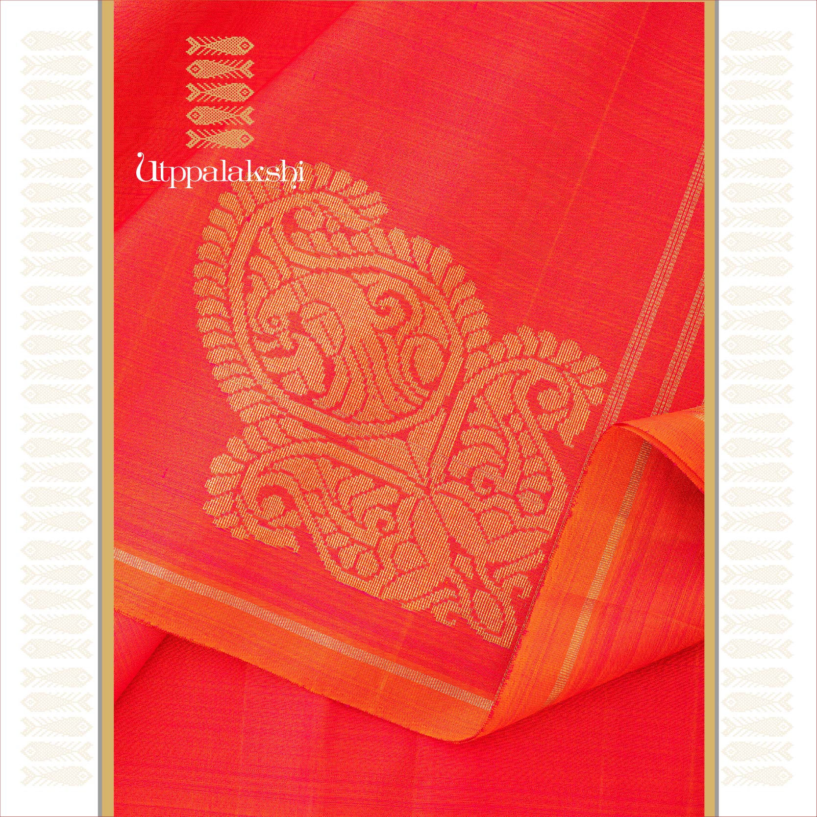 UTPPALAKSHI HANDWOVEN KANJIVARAM SILK CORNER MOTIF SAREE ORANGE PINK NO BORDER
