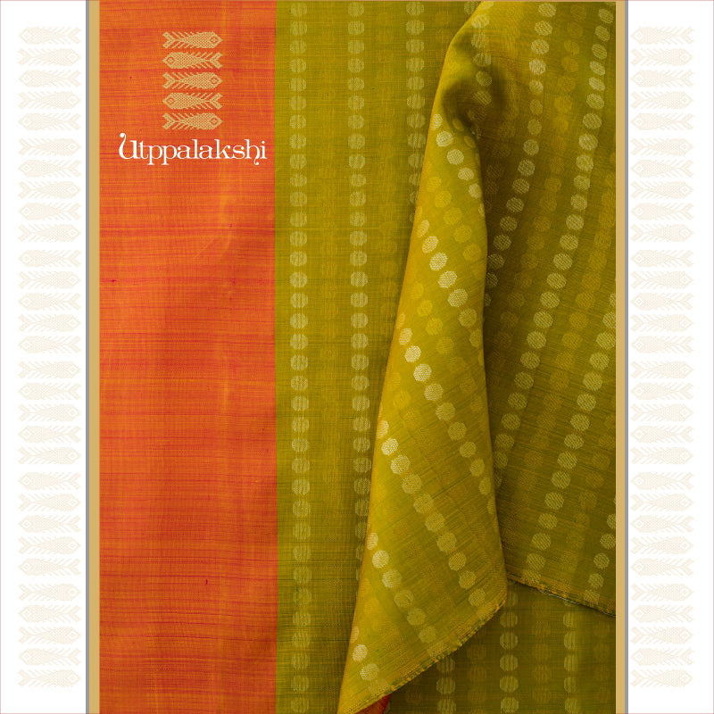 UTPPALAKSHI HANDWOVEN KANJIVARAM SILK PARTLY PALLU SAREE PEACH AND GREEN WITH GOLD SILVER BUTTA