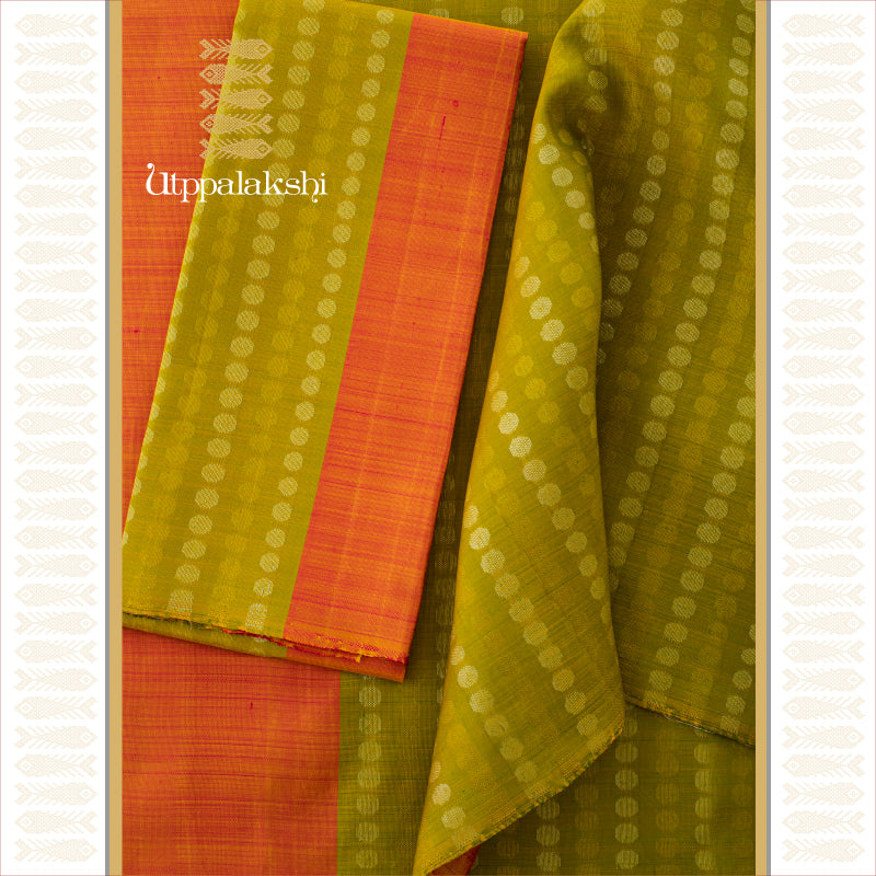 UTPPALAKSHI HANDWOVEN KANJIVARAM SILK PARTLY PALLU SAREE PEACH AND GREEN WITH GOLD SILVER BUTTA