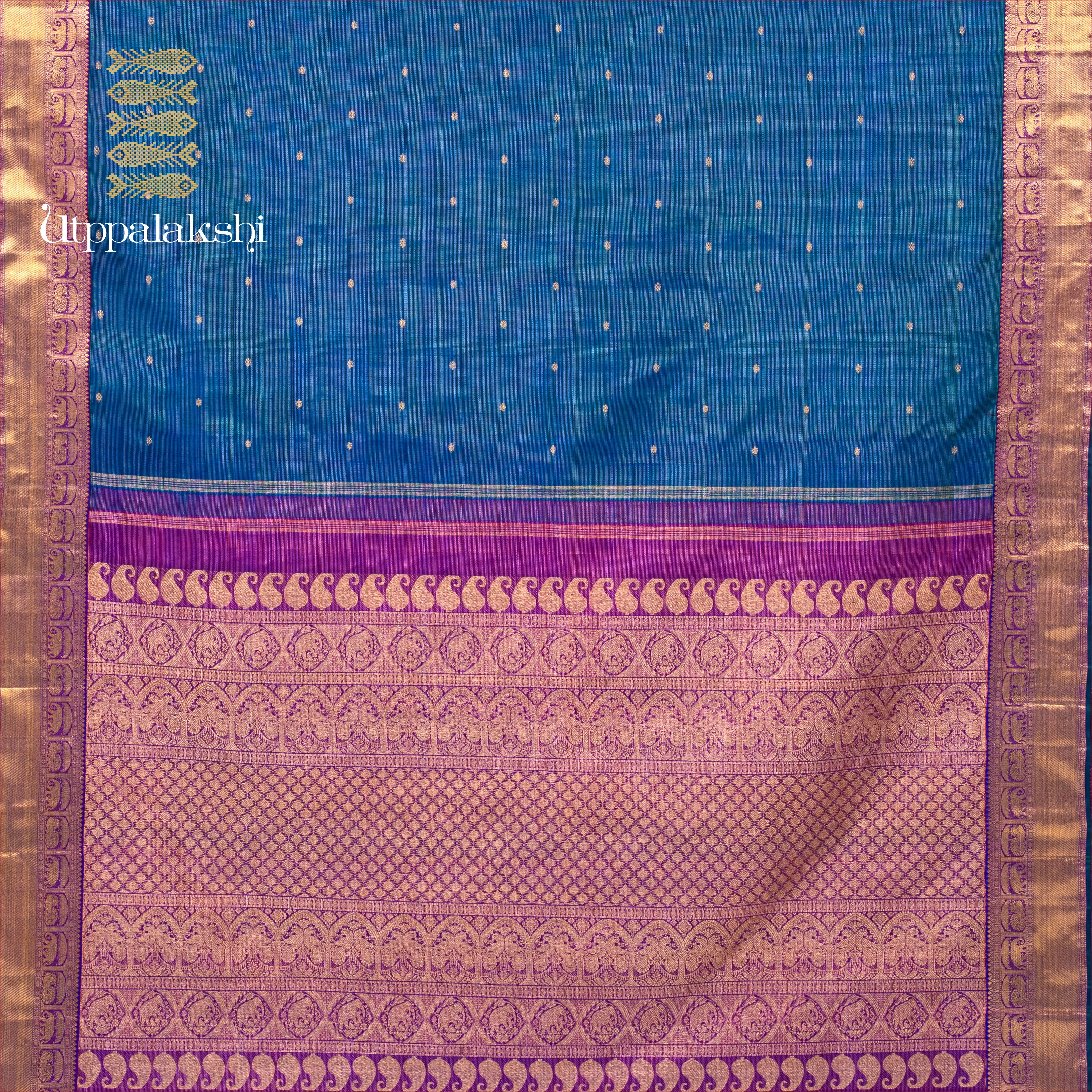 UTPPALAKSHI HANDWOVEN KANJIVARAM SILK BRIDAL SAREE PEACOCK BLUE VAIRA OOSI WITH BUTTA MAGENTA