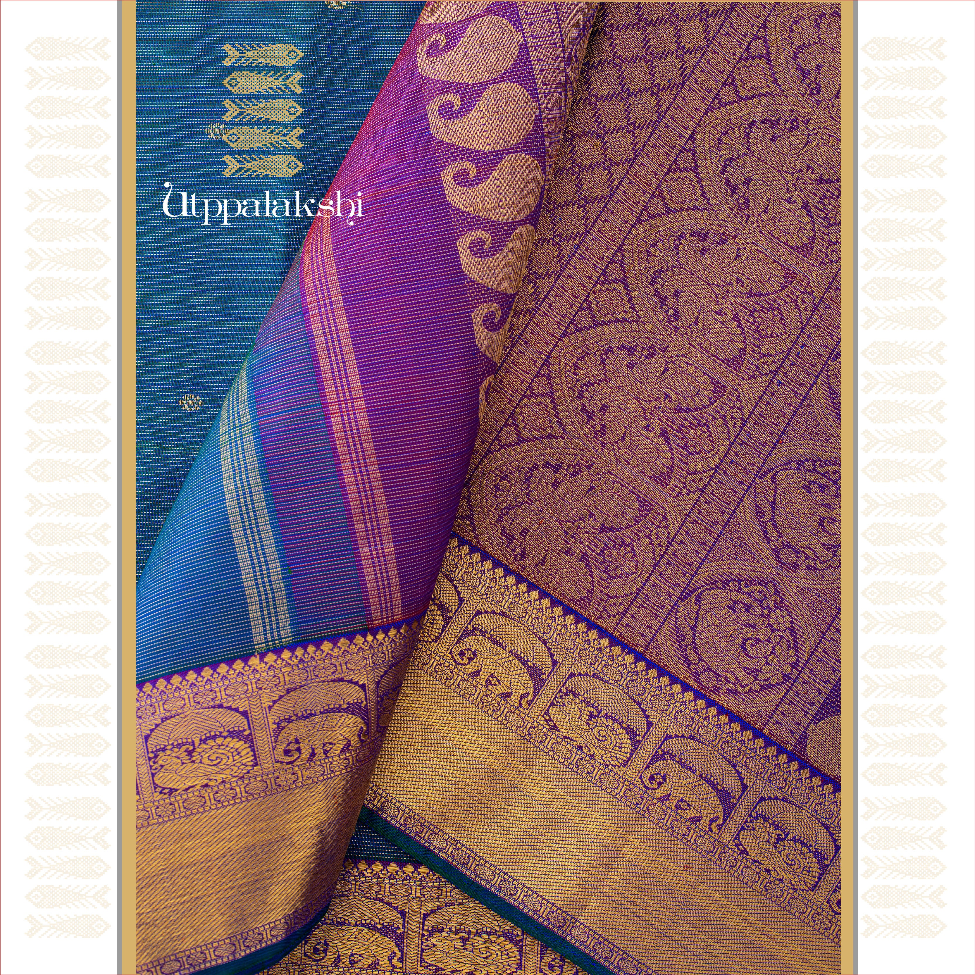 UTPPALAKSHI HANDWOVEN KANJIVARAM SILK BRIDAL SAREE PEACOCK BLUE VAIRA OOSI WITH BUTTA MAGENTA
