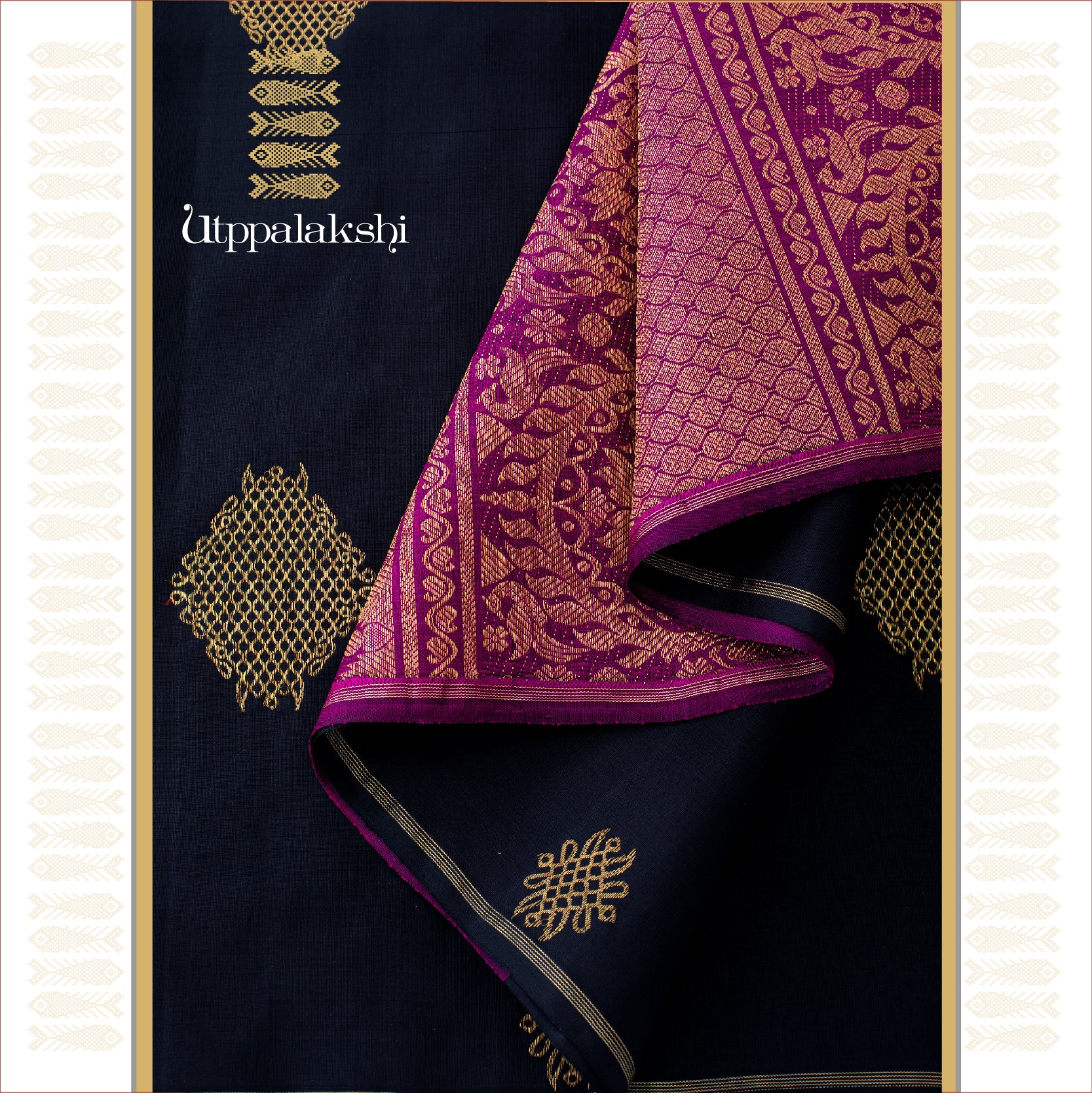 UTPPALAKSHI HANDWOVEN KANJIVARAM SILK SAREE BLACK AND MAGENTA KOLAM NO BORDER