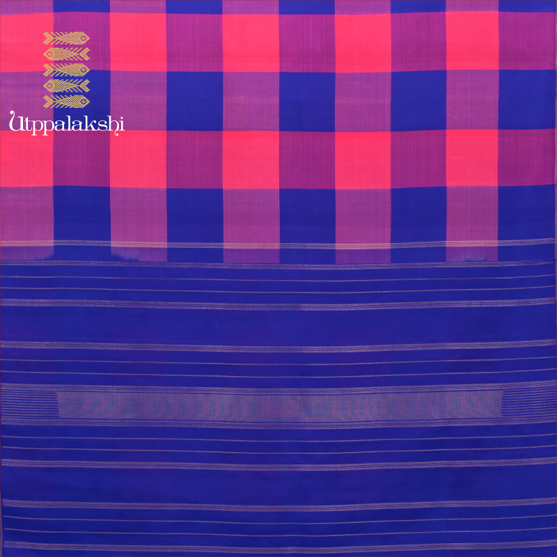 UTPPALAKSHI HANDWOVEN KANJIVARAM SILK SAREE PINK AND BLUE LARGE CHECKS NO BORDER