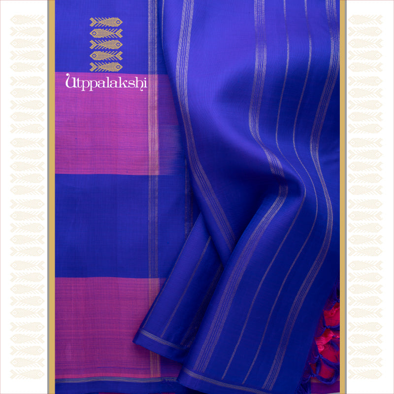 UTPPALAKSHI HANDWOVEN KANJIVARAM SILK SAREE PINK AND BLUE LARGE CHECKS NO BORDER