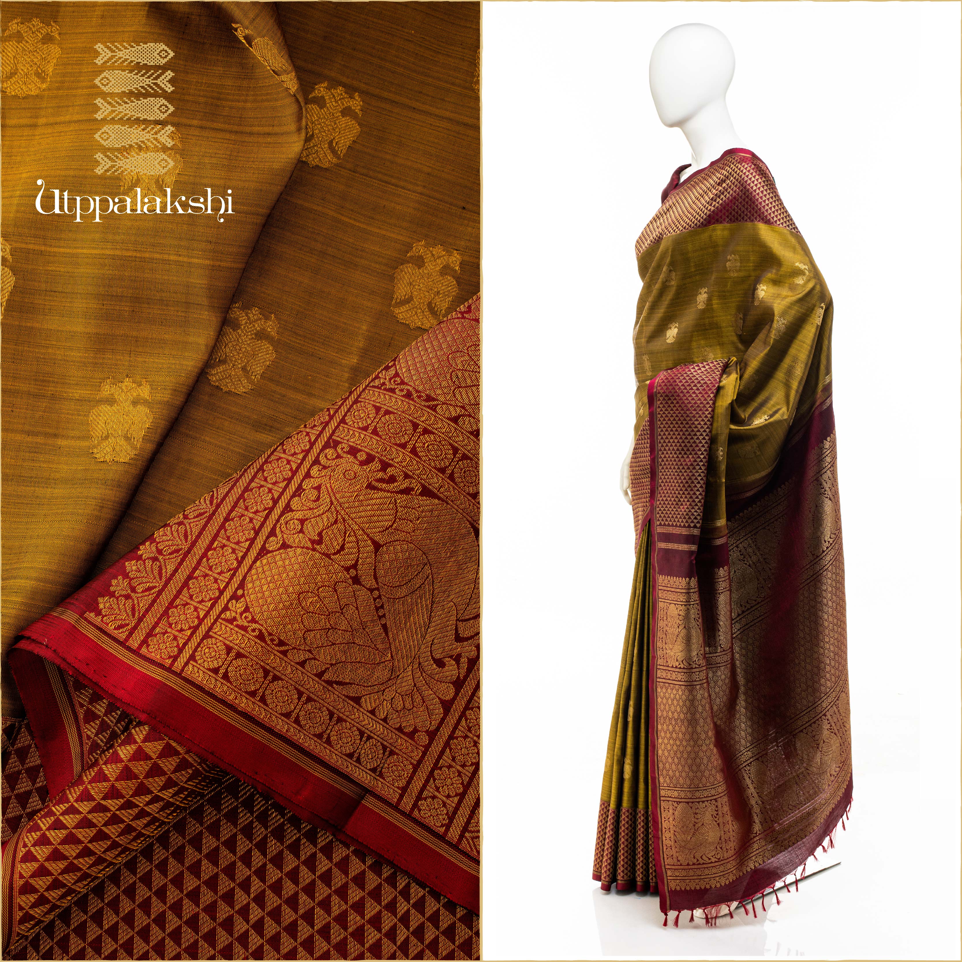 UTPPALAKSHI HANDWOVEN KANJIVARAM SILK SAREE PONVANDU MAROON GANDABERUNDA