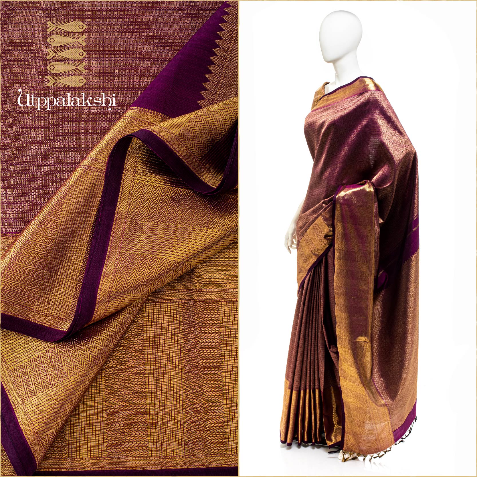 UTPPALAKSHI HANDWOVEN KANJIVARAM SILK BRIDAL SAREE PURPLE BROCADE WITH PANEL ZARI BORDER