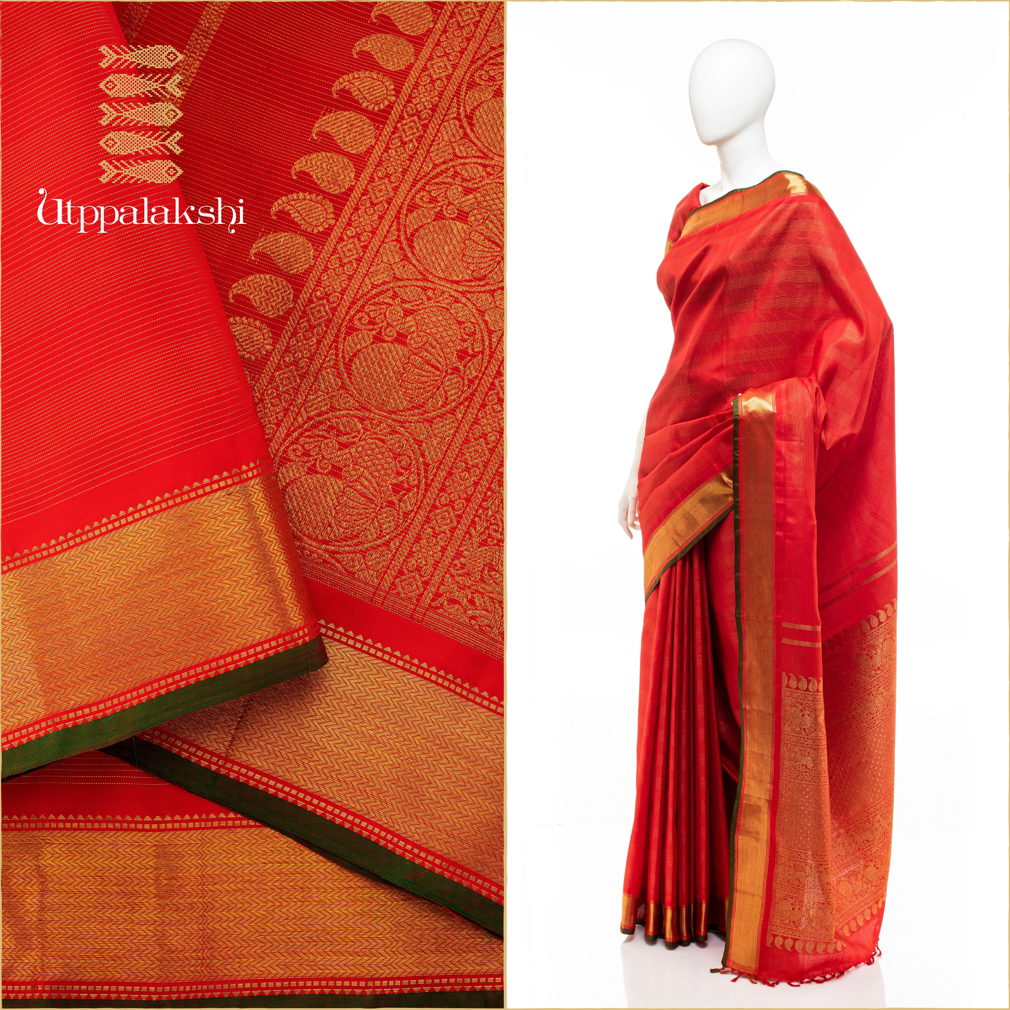 UTPPALAKSHI HANDWOVEN KANJIVARAM SILK BRIDAL SAREE RED VAIRA OOSI
