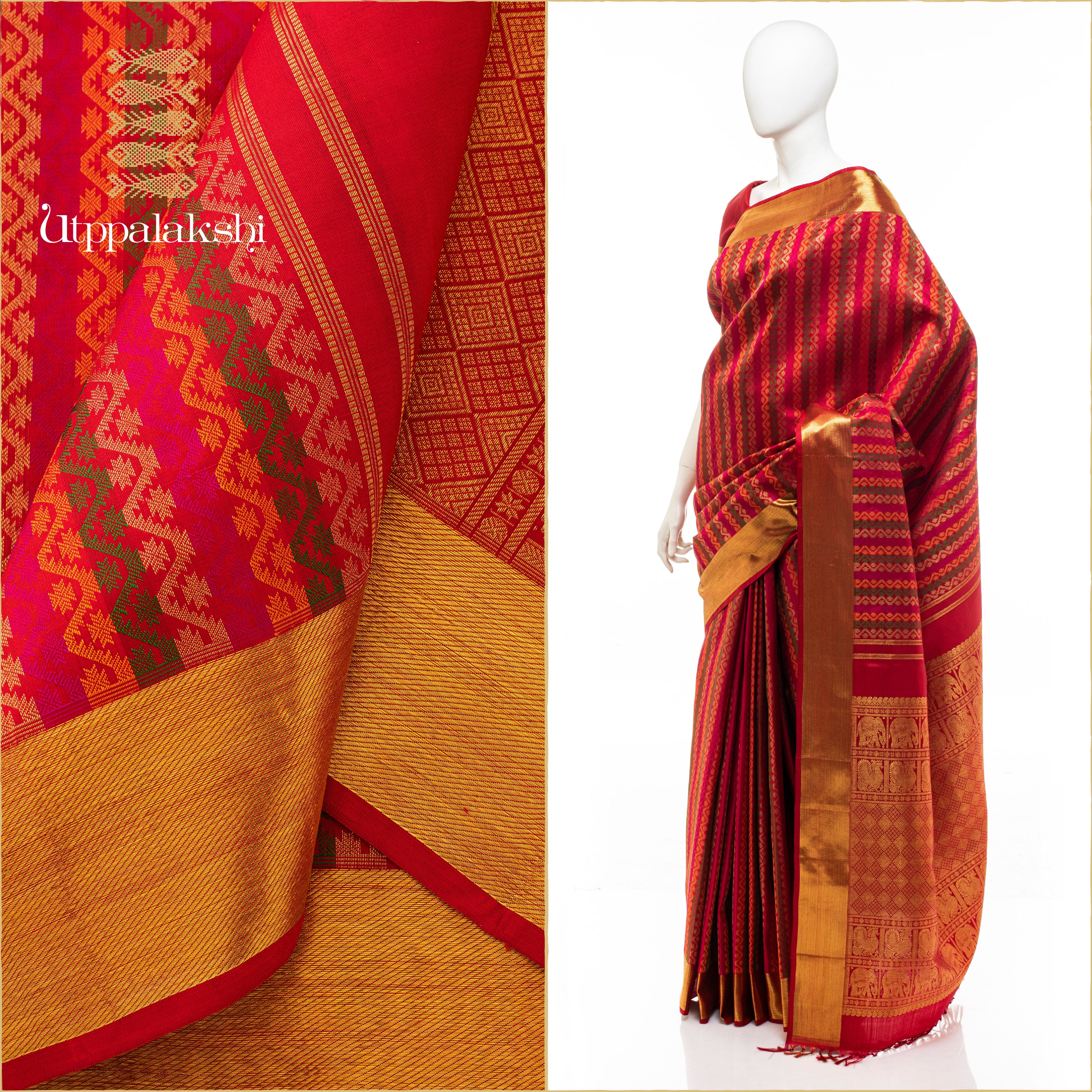 RED GREEN ORANGE THREADWORK SAREE || UTPPALAKSHI HANDWOVEN KANJIVARAM SILK SAREE