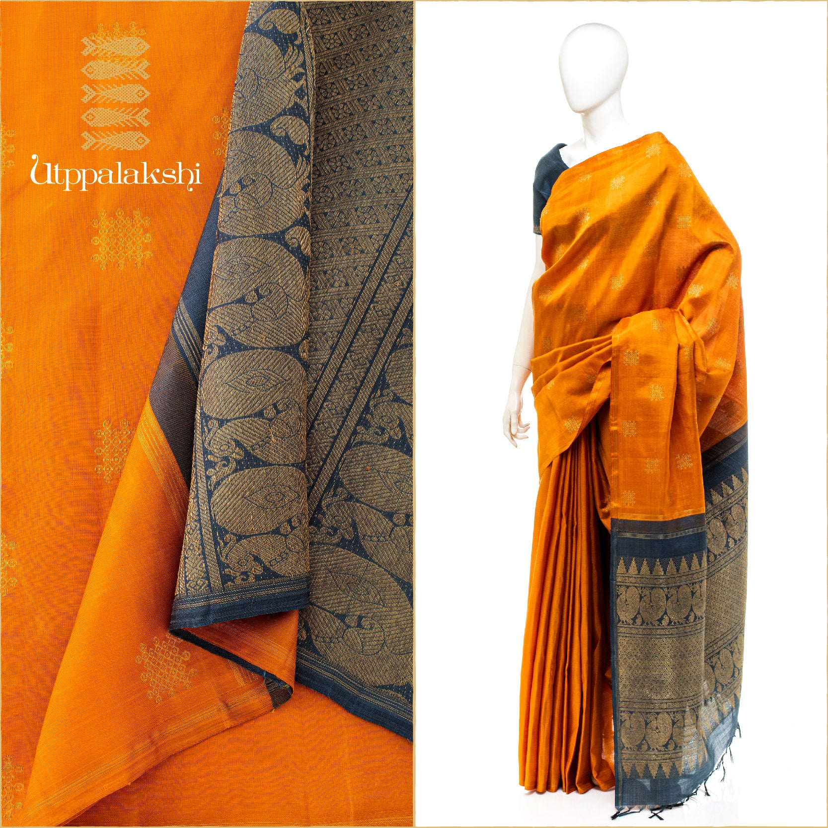 MANGO ORANGE & GREY PALLU KOLAM SAREE ||UTPPALAKSHI KANJIVARAM SILK SAREE
