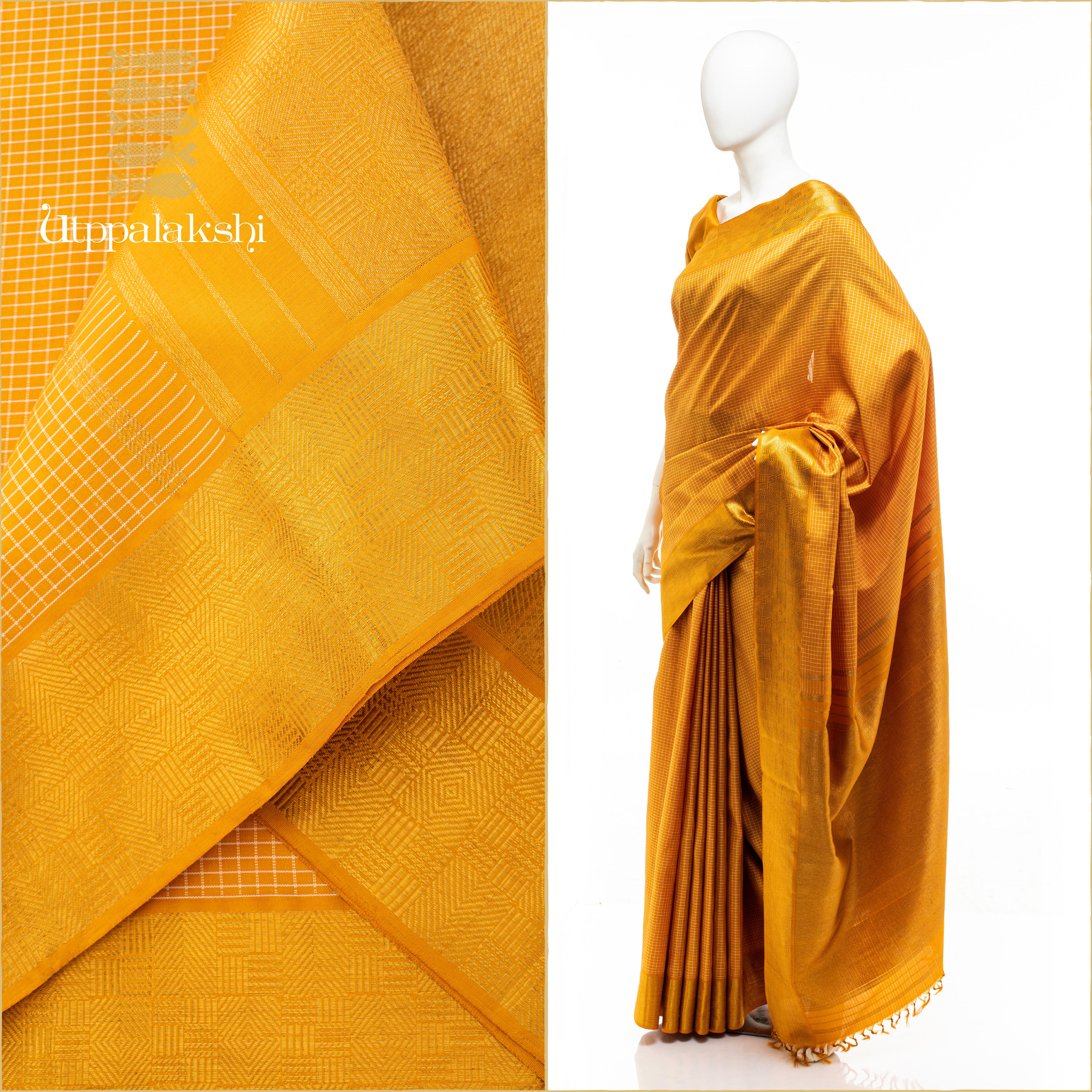 UTPPALAKSHI HANDWOVEN KANJIVARAM SILK SAREE YELLOW WITH WHITE CHECKS