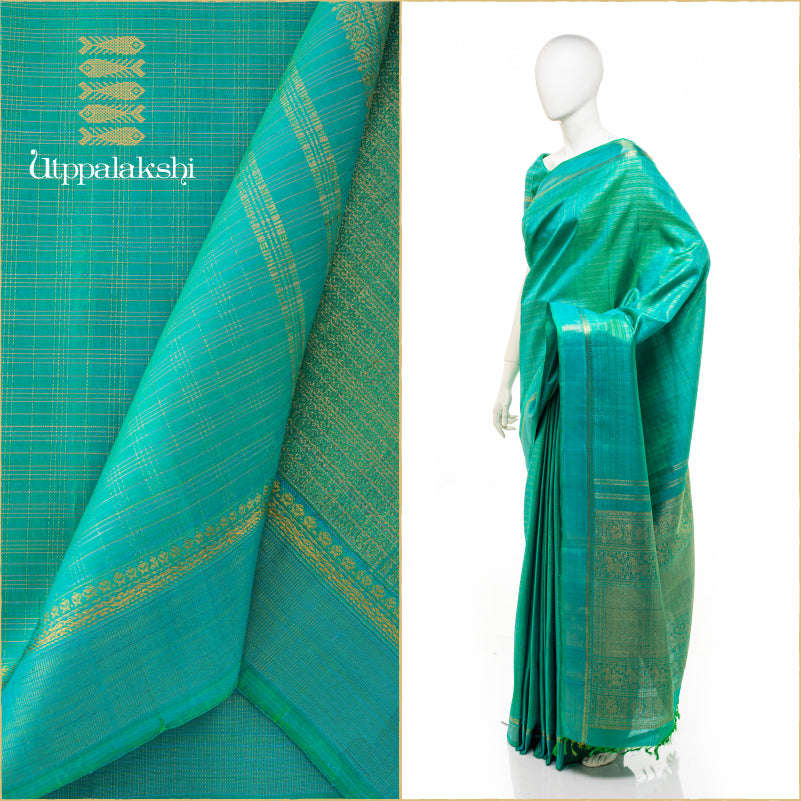 UTPPALAKSHI HANDWOVEN KANJIVARAM SILK SAREE ANANDA BLUE CHECKS