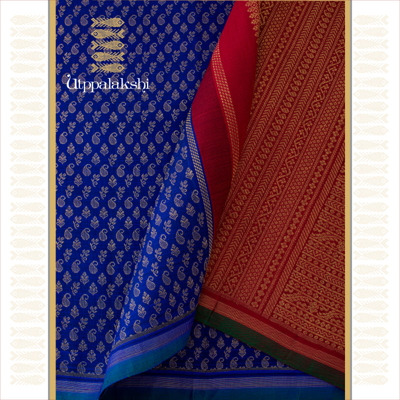 UTPPALAKSHI HANDWOVEN KANJIVARAM SILK DESIGNER SAREE MS BLUE AND ARAKKU WIDE BORDER