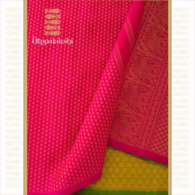 UTPPALAKSHI HANDWOVEN KANJIVARAM SILK HALF AND HALF SAREE GREEN AND PINK PAIMUDI ANNAM CHAKRAM