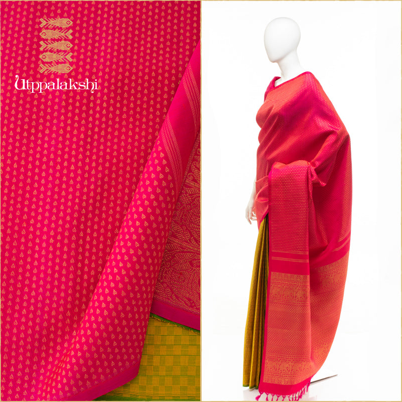 UTPPALAKSHI HANDWOVEN KANJIVARAM SILK HALF AND HALF SAREE GREEN AND PINK PAIMUDI ANNAM CHAKRAM