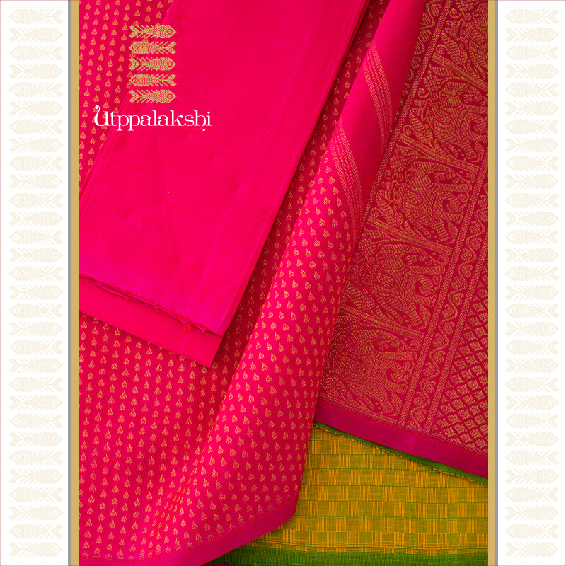 UTPPALAKSHI HANDWOVEN KANJIVARAM SILK HALF AND HALF SAREE GREEN AND PINK PAIMUDI ANNAM CHAKRAM