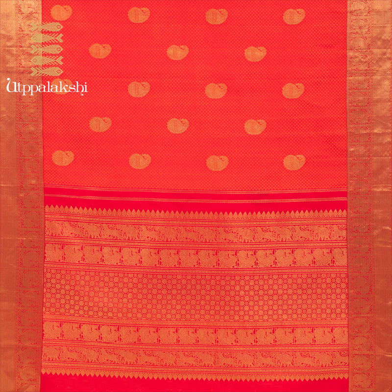 UTPPALAKSHI HANDWOVEN KANJIVARAM SILK JACQUARD SAREE RED ORANGE MANGO ANNAM