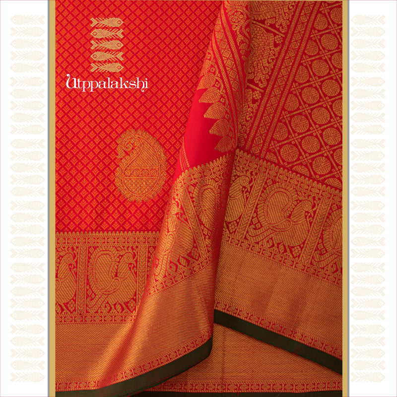 UTPPALAKSHI HANDWOVEN KANJIVARAM SILK JACQUARD SAREE RED ORANGE MANGO ANNAM