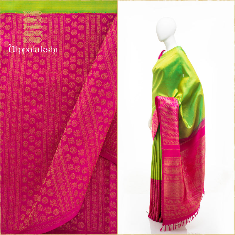 UTPPALAKSHI HANDWOVEN KANJIVARAM SILK SAREE GREEN AND PINK WIDE BORDER